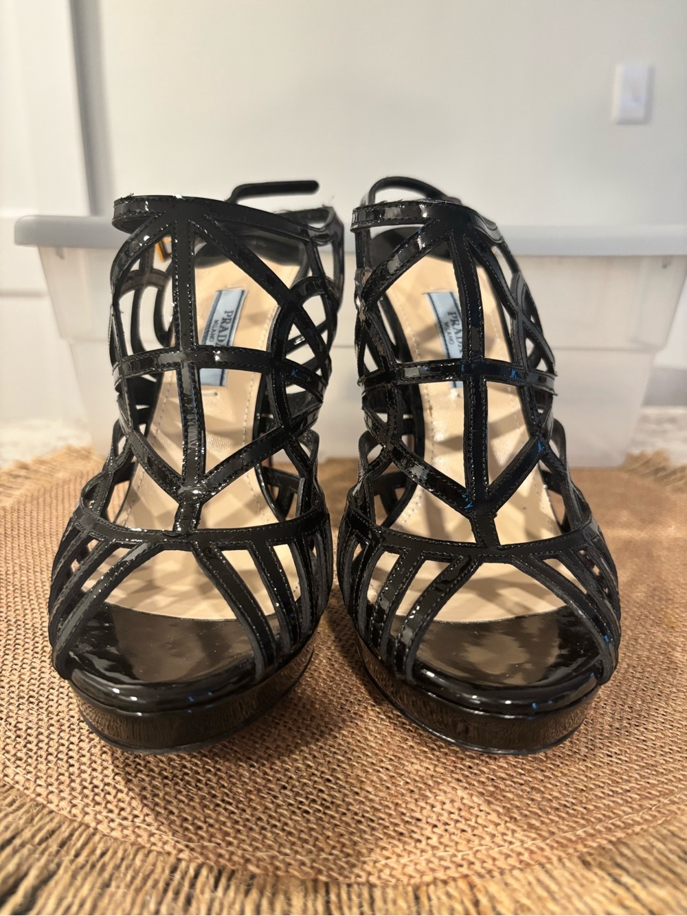 Prada Black Patent Cage Platform Heels